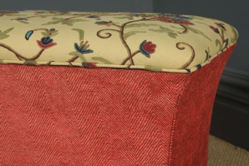 fig 5. Large Antique English Victorian Mahogany & Crewel Work Upholstered Concave Ottoman Box Stool Trunk (Circa 1870)