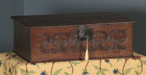 fig 1. Antique English 17th Century Charles II Solid Oak Bible Box Chest (Circa 1680)