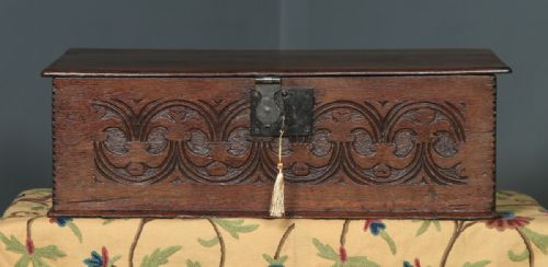 fig 2. Antique English 17th Century Charles II Solid Oak Bible Box Chest (Circa 1680)