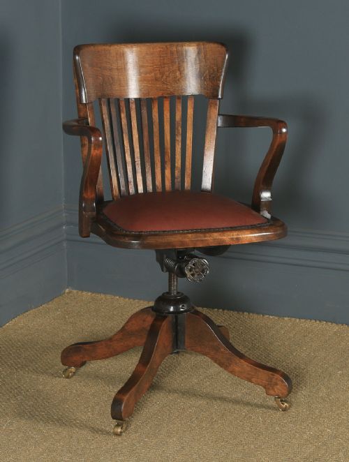 Antique English Edwardian Solid Beech & Burgundy Red Leather Revolving Office Desk Arm Chair (Circa 1910)