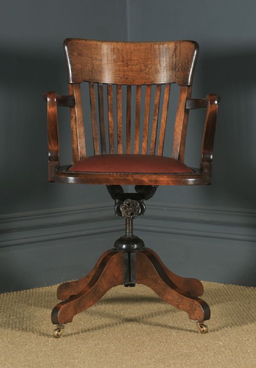 fig 1. Antique English Edwardian Solid Beech & Burgundy Red Leather Revolving Office Desk Arm Chair (Circa 1910)