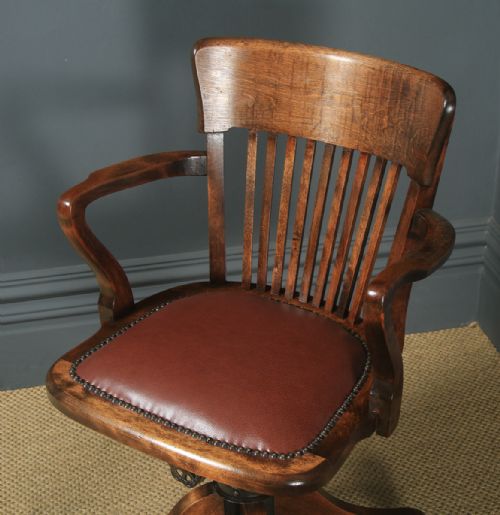 fig 2. Antique English Edwardian Solid Beech & Burgundy Red Leather Revolving Office Desk Arm Chair (Circa 1910)