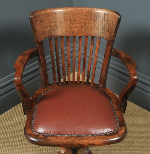 fig 3. Antique English Edwardian Solid Beech & Burgundy Red Leather Revolving Office Desk Arm Chair (Circa 1910)
