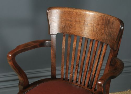 fig 4. Antique English Edwardian Solid Beech & Burgundy Red Leather Revolving Office Desk Arm Chair (Circa 1910)