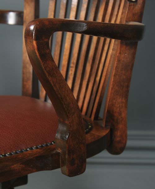 fig 7. Antique English Edwardian Solid Beech & Burgundy Red Leather Revolving Office Desk Arm Chair (Circa 1910)