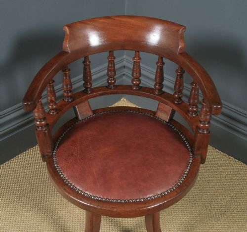 fig 3. Antique English Victorian Mahogany & Burgundy Red Leather Revolving Swivel Office Desk Arm Chair (Circa 1890)