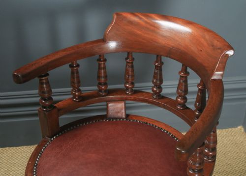 fig 4. Antique English Victorian Mahogany & Burgundy Red Leather Revolving Swivel Office Desk Arm Chair (Circa 1890)