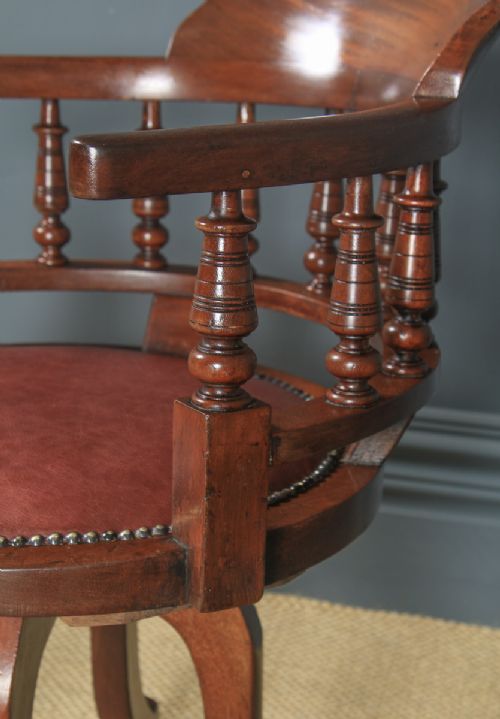 fig 7. Antique English Victorian Mahogany & Burgundy Red Leather Revolving Swivel Office Desk Arm Chair (Circa 1890)