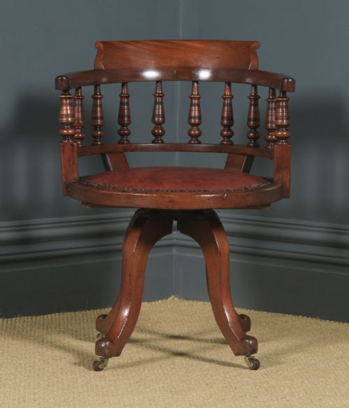 fig 1. Antique English Victorian Mahogany & Burgundy Red Leather Revolving Swivel Office Desk Arm Chair (Circa 1890)