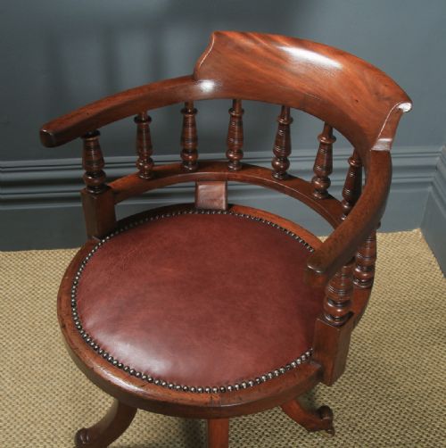 fig 2. Antique English Victorian Mahogany & Burgundy Red Leather Revolving Swivel Office Desk Arm Chair (Circa 1890)
