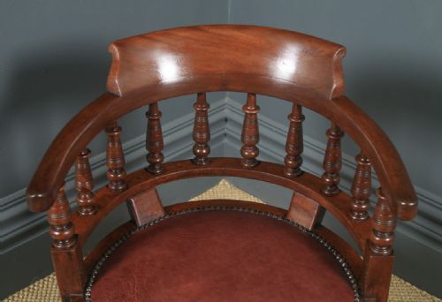 fig 5. Antique English Victorian Mahogany & Burgundy Red Leather Revolving Swivel Office Desk Arm Chair (Circa 1890)