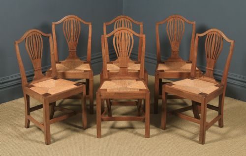 fig 1. Antique Set of Six English Georgian Hepplewhite Camel Backed Walnut Provincial Kitchen Dining Chairs (Circa 1850)
