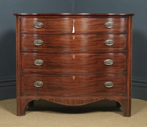 fig 1. Antique English Georgian Regency Mahogany Inlaid Serpentine Chest of Drawers (Circa 1810)