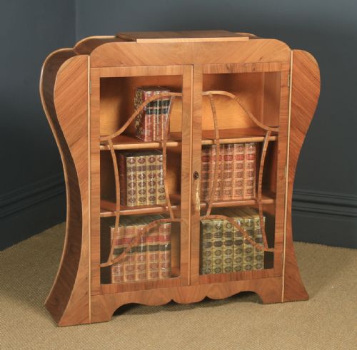 Antique English Art Deco Figured Walnut Shaped Glass China / Book Display Cabinet (Circa 1930)