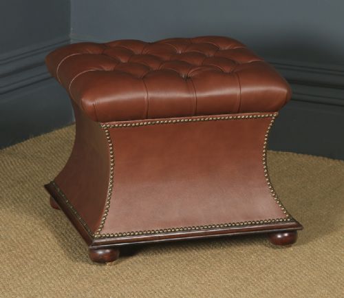 Antique English Victorian Mahogany Brown Leather Upholstered Concave Ottoman Box (Circa 1870)