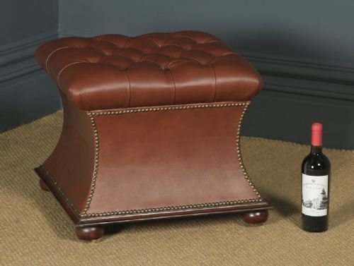 fig 1. Antique English Victorian Mahogany Brown Leather Upholstered Concave Ottoman Box (Circa 1870)