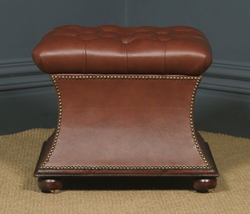 fig 2. Antique English Victorian Mahogany Brown Leather Upholstered Concave Ottoman Box (Circa 1870)
