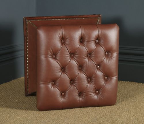 fig 3. Antique English Victorian Mahogany Brown Leather Upholstered Concave Ottoman Box (Circa 1870)
