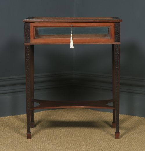 fig 2. Antique English Edwardian Chippendale Style Mahogany Glass Bijouterie Display Cabinet Table (Circa 1910)