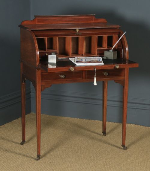 Antique English Edwardian Mahogany & Leather Cylinder Office Roll Top Desk (Circa 1905)