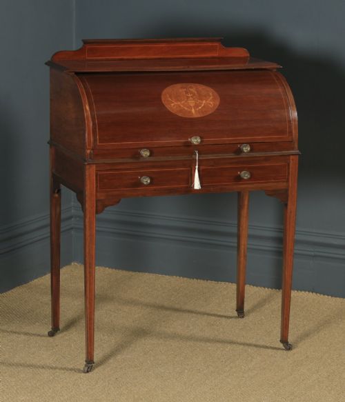 fig 1. Antique English Edwardian Mahogany & Leather Cylinder Office Roll Top Desk (Circa 1905)