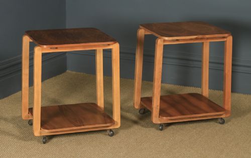 fig 1. Pair of Art Deco English Walnut Square Two Tier Occasional Coffee Bedside Side Tables (Circa 1930)
