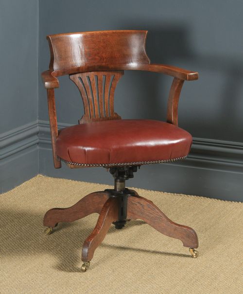 Antique English Edwardian Oak & Brown Leather Revolving Office Desk Arm Chair (Circa 1910)