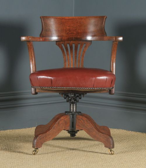 fig 1. Antique English Edwardian Oak & Brown Leather Revolving Office Desk Arm Chair (Circa 1910)