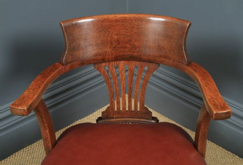 fig 5. Antique English Edwardian Oak & Brown Leather Revolving Office Desk Arm Chair (Circa 1910)