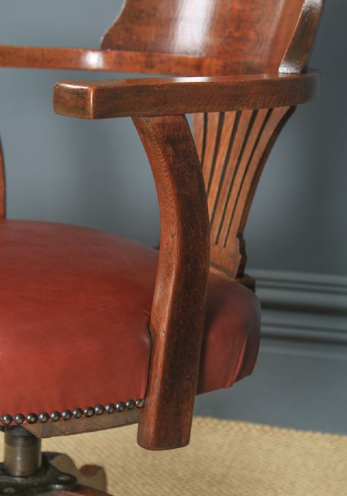 fig 7. Antique English Edwardian Oak & Brown Leather Revolving Office Desk Arm Chair (Circa 1910)