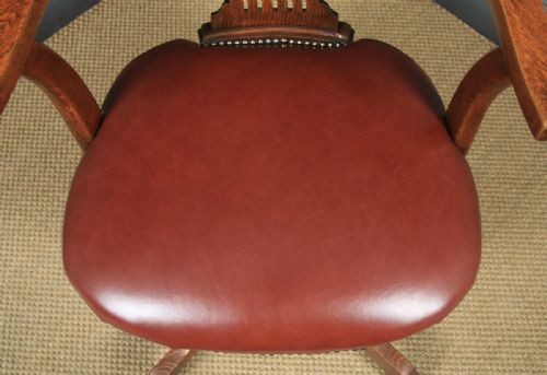 fig 8. Antique English Edwardian Oak & Brown Leather Revolving Office Desk Arm Chair (Circa 1910)