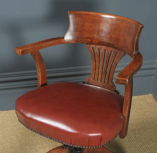 fig 2. Antique English Edwardian Oak & Brown Leather Revolving Office Desk Arm Chair (Circa 1910)