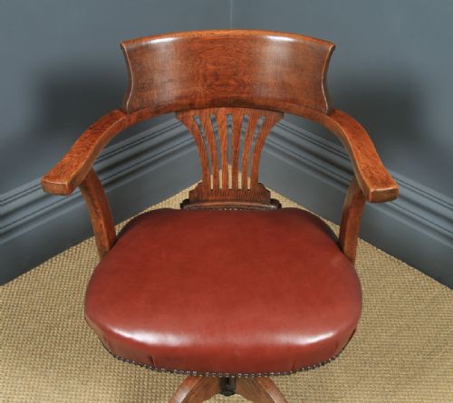 fig 3. Antique English Edwardian Oak & Brown Leather Revolving Office Desk Arm Chair (Circa 1910)