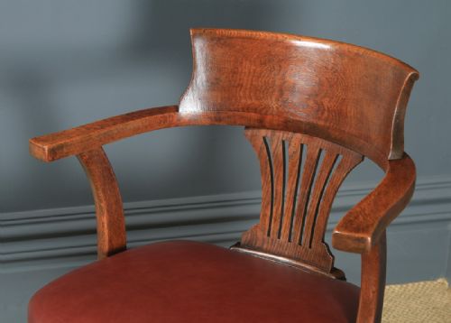 fig 4. Antique English Edwardian Oak & Brown Leather Revolving Office Desk Arm Chair (Circa 1910)