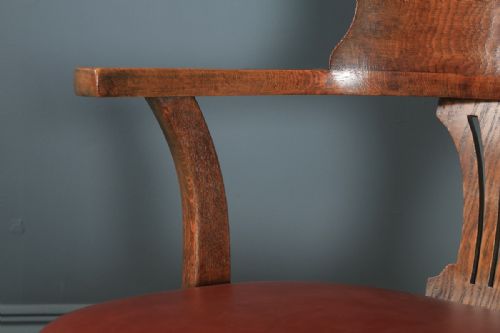 fig 6. Antique English Edwardian Oak & Brown Leather Revolving Office Desk Arm Chair (Circa 1910)