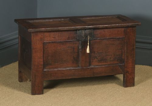 fig 1. Antique English 18th Century Georgian Oak Joined & Panelled Coffer Chest Blanket Box Trunk (Circa 1720)
