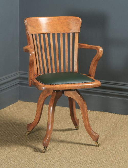 Antique English Victorian Beech & Green Leather Revolving Office Desk Arm Chair (Circa 1890)