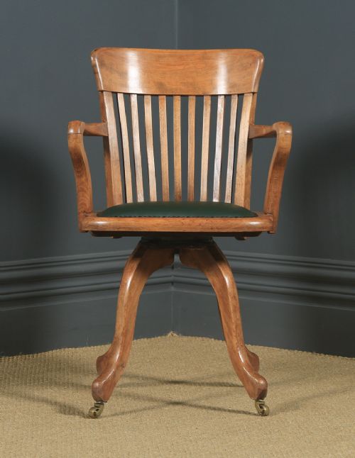 fig 1. Antique English Victorian Beech & Green Leather Revolving Office Desk Arm Chair (Circa 1890)