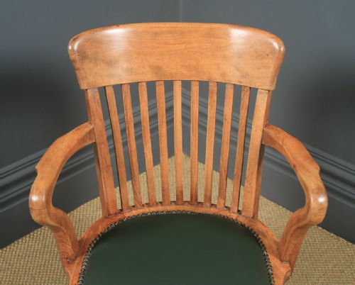 fig 5. Antique English Victorian Beech & Green Leather Revolving Office Desk Arm Chair (Circa 1890)