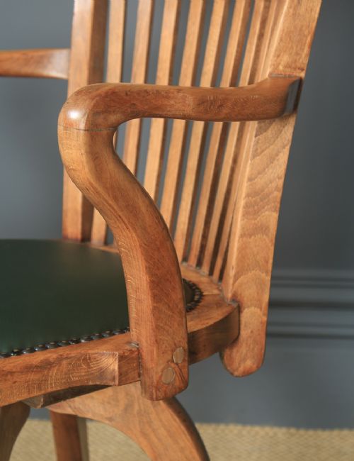 fig 6. Antique English Victorian Beech & Green Leather Revolving Office Desk Arm Chair (Circa 1890)