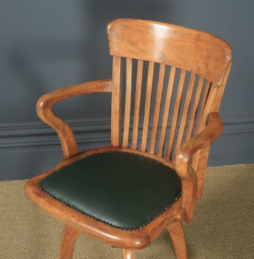fig 2. Antique English Victorian Beech & Green Leather Revolving Office Desk Arm Chair (Circa 1890)