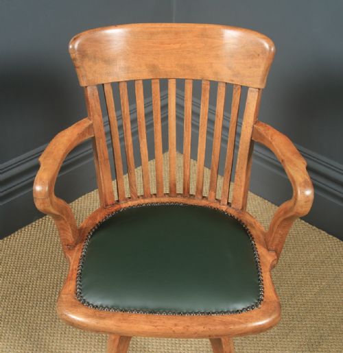 fig 3. Antique English Victorian Beech & Green Leather Revolving Office Desk Arm Chair (Circa 1890)