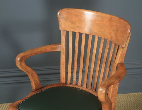 fig 4. Antique English Victorian Beech & Green Leather Revolving Office Desk Arm Chair (Circa 1890)