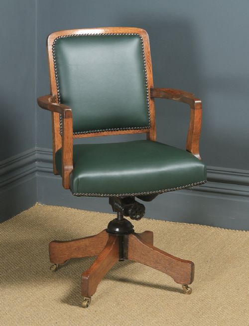 Antique English Edwardian Solid Oak & Green Leather Revolving High Back Office Desk Arm Chair (Circa 1910)
