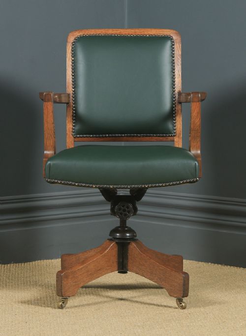 fig 1. Antique English Edwardian Solid Oak & Green Leather Revolving High Back Office Desk Arm Chair (Circa 1910)