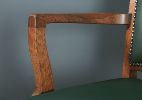 fig 6. Antique English Edwardian Solid Oak & Green Leather Revolving High Back Office Desk Arm Chair (Circa 1910)