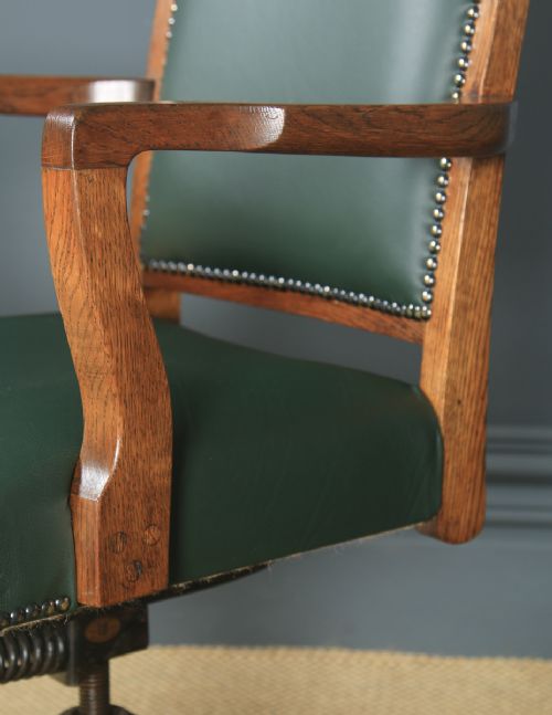 fig 7. Antique English Edwardian Solid Oak & Green Leather Revolving High Back Office Desk Arm Chair (Circa 1910)