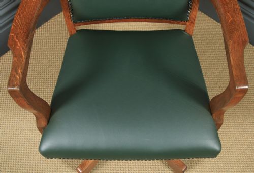 fig 8. Antique English Edwardian Solid Oak & Green Leather Revolving High Back Office Desk Arm Chair (Circa 1910)