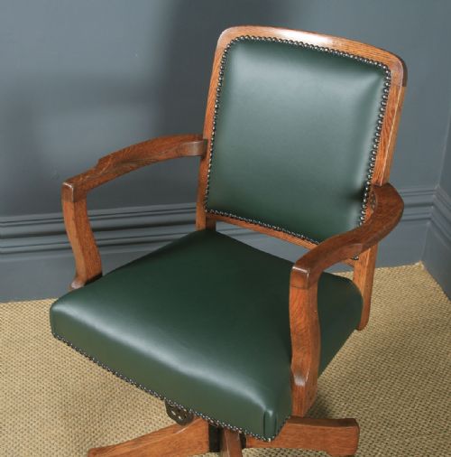 fig 2. Antique English Edwardian Solid Oak & Green Leather Revolving High Back Office Desk Arm Chair (Circa 1910)