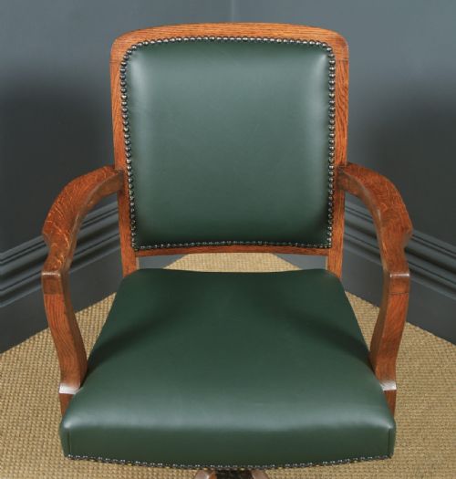 fig 3. Antique English Edwardian Solid Oak & Green Leather Revolving High Back Office Desk Arm Chair (Circa 1910)